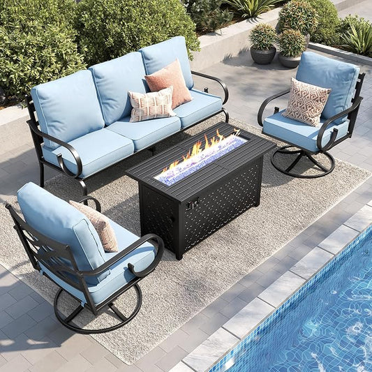 PHI VILLA Patio Furniture Set, 3-Seater Sofa, 2 Swivel Chairs and a 45" Fire Pit Table, Outdoor Metal Conversation Set with 5.75" Extra Thick Cushion for Garden Backyard Deck, Blue