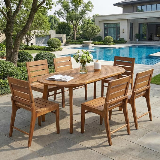 Christopher Knight Home Elva Acacia Wood Dining Table Set for 6, Solid Wood Outdoor Dining Set for 6, Weather Resistant 7 Piece Oval Patio Dining Table and Chair Set with Slatted Design, Teak