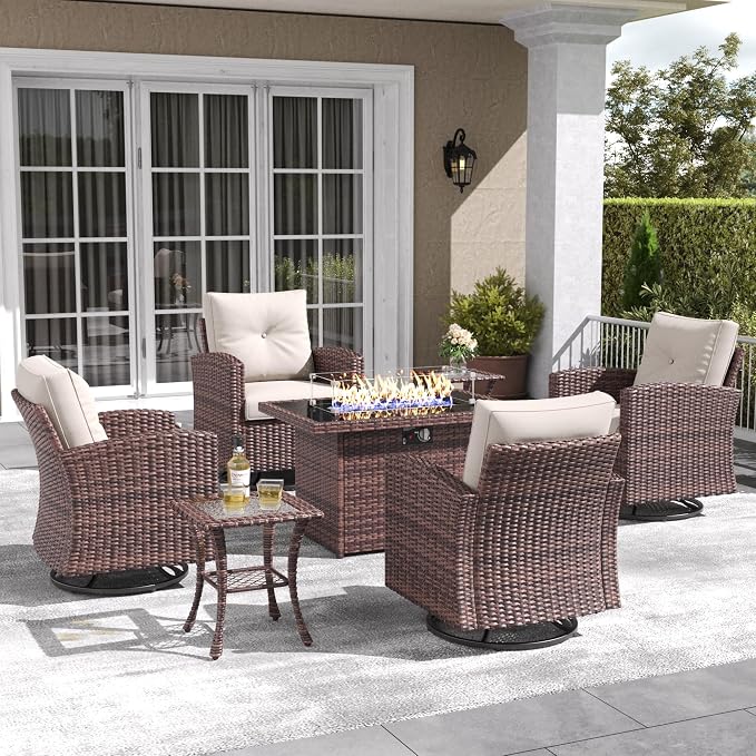 LayinSun 7 Pieces Patio Furniture Set with Swivel Chairs, Rattan Wicker Rocking Glide Chairs with 44" Propane Gas Fire Pit Table Conversation Set