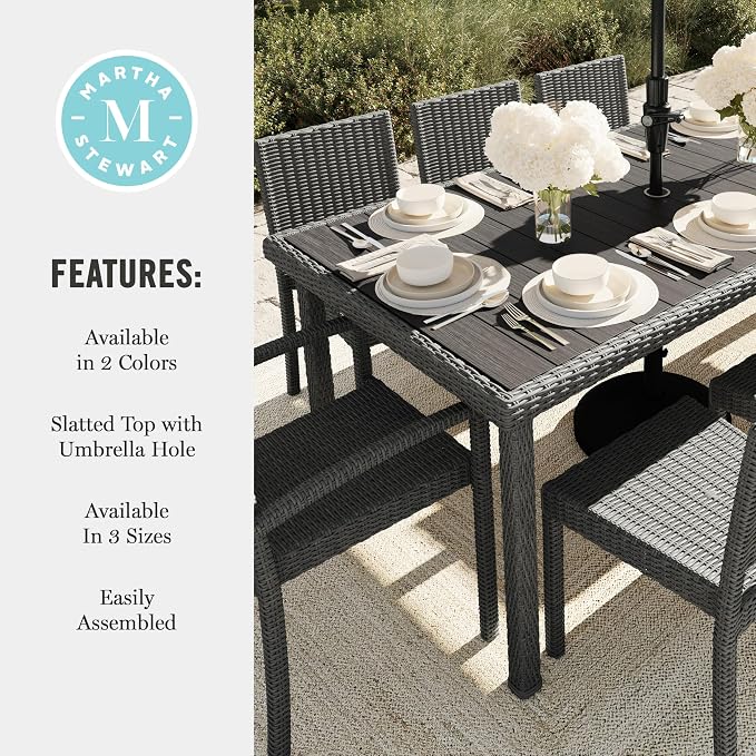 Martha Stewart Bedford 71" Indoor-Outdoor Patio Table with Faux Wood Top and Rattan Wicker Finish in Gray