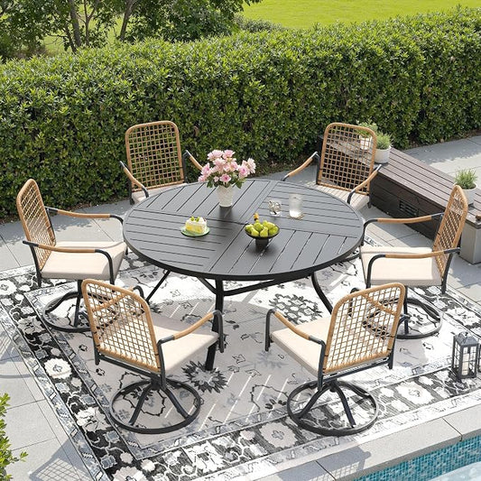 DIFY 7 Pieces Outdoor Dining Set, Metal Patio Table and Chairs Set for 6, 53.1" Round Dining Table with Umbrella Hole & Wicker Swivel Patio Chairs with Cushions, Black Tabletop