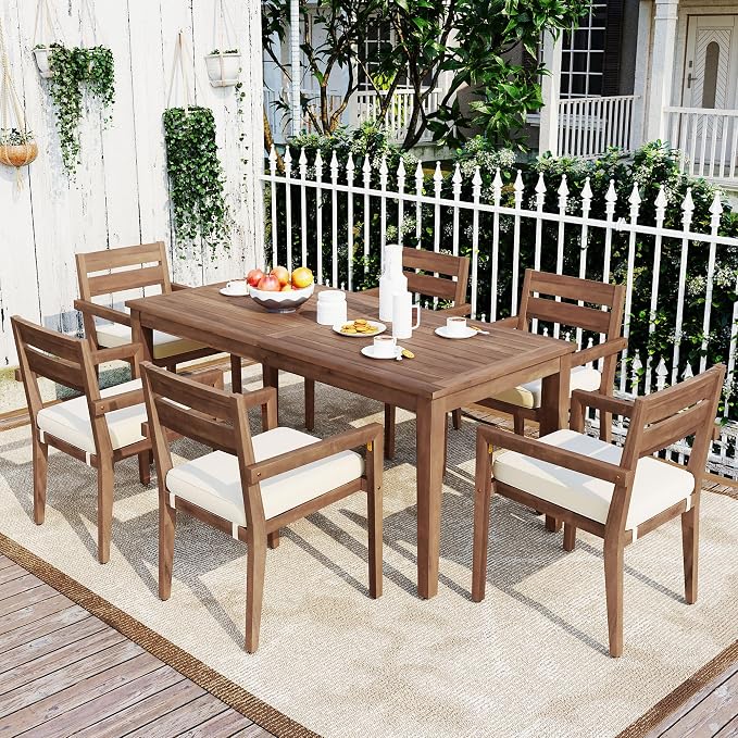 RUNNA 7-Piece Outdoor Patio Dining Set,Acacia Wood Outdoor Dining Table and Chairs Set with Armrest Chairs with Cushions for Patio, Balcony Or Backyard (Burly Wood/Acacia Wood)