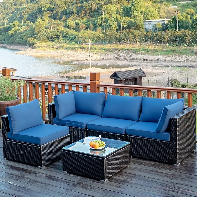 Tangkula 5 Pieces Patio Furniture Set, All Weather Wicker L-Shaped Corner Sofa Set w/Soft Cushions, Outdoor Sectional Conversation Couch Set w/Glass Table for Backyard Garden Poolside (Navy Blue)