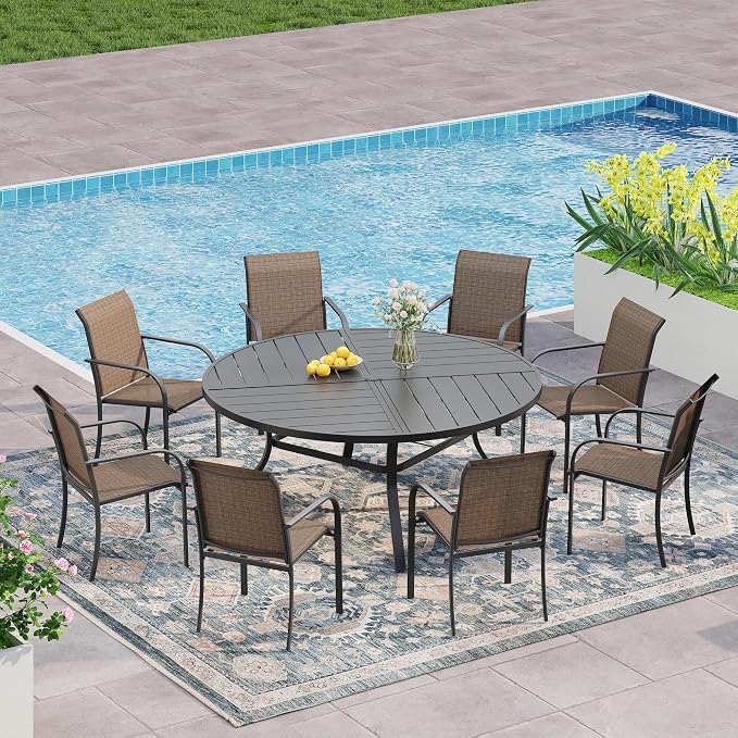 VICLLAX 9 Pieces Patio Outdoor Dining Set, 53" Round Metal Table with Umbrella Hole and 8 Stackable Textilene Chairs for Patio, Lawn, Garden, Porch, Black/Brown