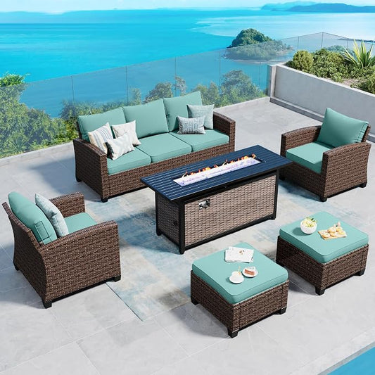 SUNSHINE VALLEY Patio Furniture Set Outdoor Furniture Brown Wicker Rattan Patio Conversation Sets with Cushion Outside Sofa Set,5 Pieces with Rectangular Firepit Table,7 Seats,Blue