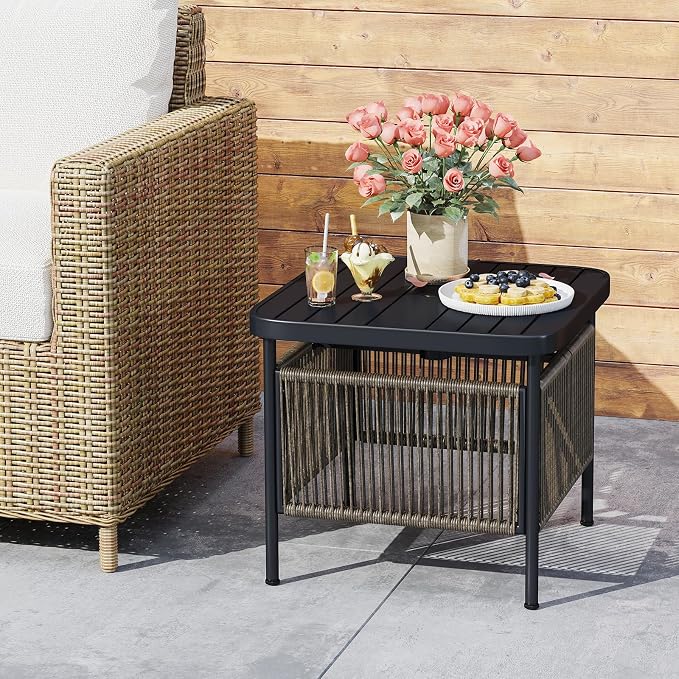 Tangkula Outdoor PE Rattan Side Table with 1.57” Umbrella Hole, Square Patio End Table with Metal Frame, Small Bistro Coffee Table for Porch, Balcony, Garden and Backyard (2)