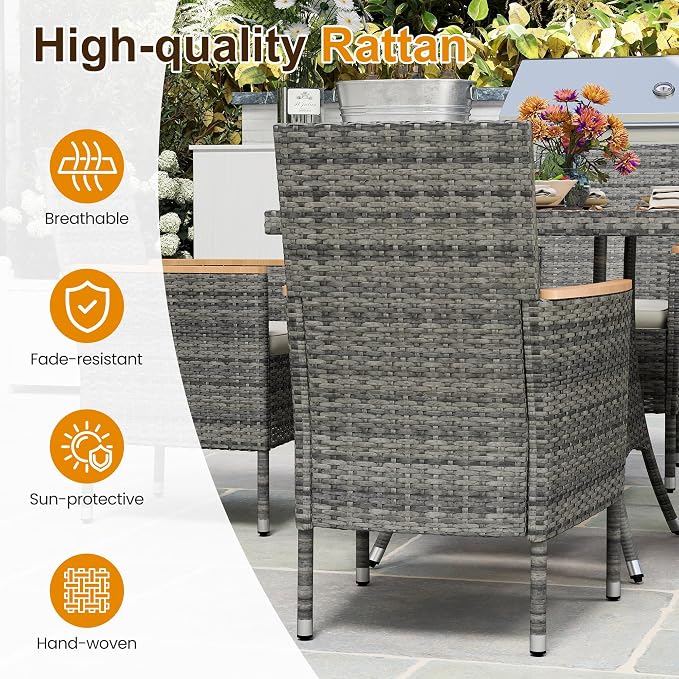 Wisteria Lane Patio Dining Sets for 12, All Weather Rattan Outdoor Table and Chairs with Acacia Wood Tabletop, Patio Dining Furniture with Removable Cushions for Deck Garden, Backyard, Gray