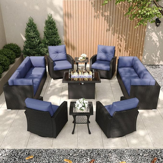 Patio Furniture Set with Fire Pit Table, 13 Pieces Outdoor All-Weather Wicker Conversation Sectional Chair Sofa Set with 4 Swivel Chairs