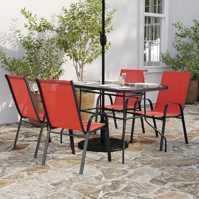Merrick Lane Bardwell 5 Piece Outdoor Dining Table Set for 4 with Glass-Top Patio Table and 4 Stack Chairs with Flex Comfort Material in Red