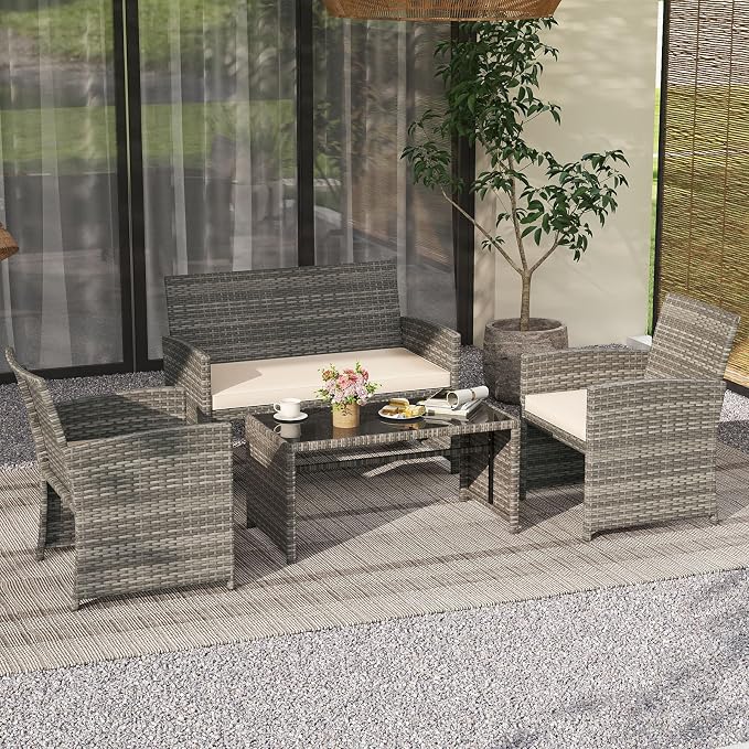 Tangkula 8 Piece Patio Wicker Furniture Set, Outdoor Heavy Duty Rattan Cushioned Chairs, Loveseat and Tempered Glass Coffee Table, for Backyard, Balcony, Poolside