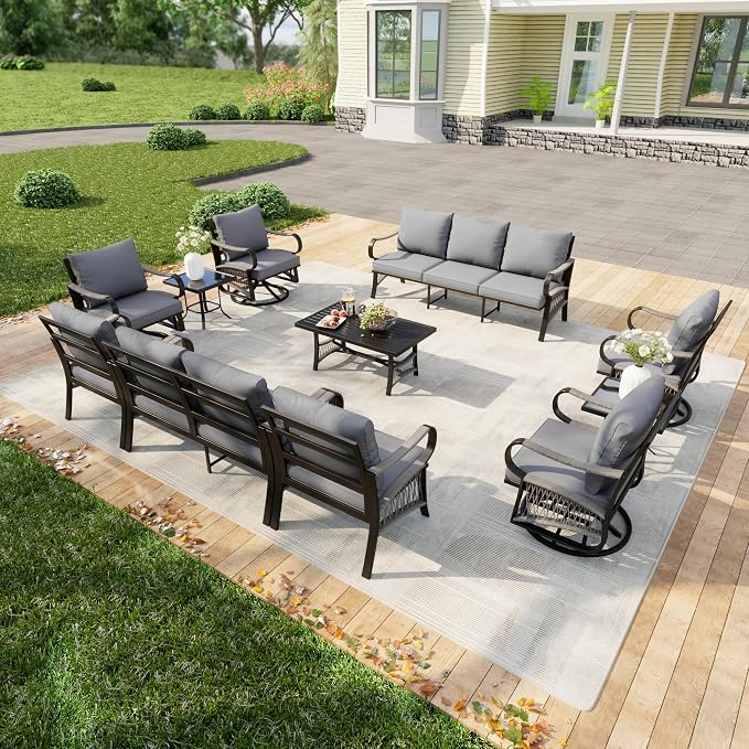 11 Pieces Patio Furniture Set, Metal Outdoor Conversation Sets with Swivel Chairs, Modern Couch Sofa Seating Group with Coffee Table and Side Table (Thick Gray Cushions)