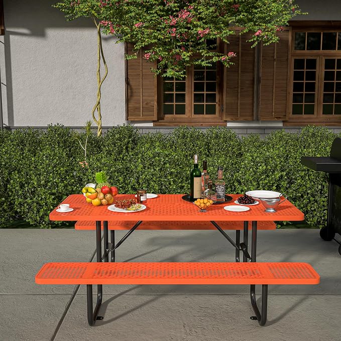 72'' Rectangular Metal Picnic Table with 1.73" Umbrella Hole, Commercial Grade Steel Mesh Table Set, Weather Resistant Sturdy, Round Corner Design for Patio, Garden, Courtyard & BBQ, Orange