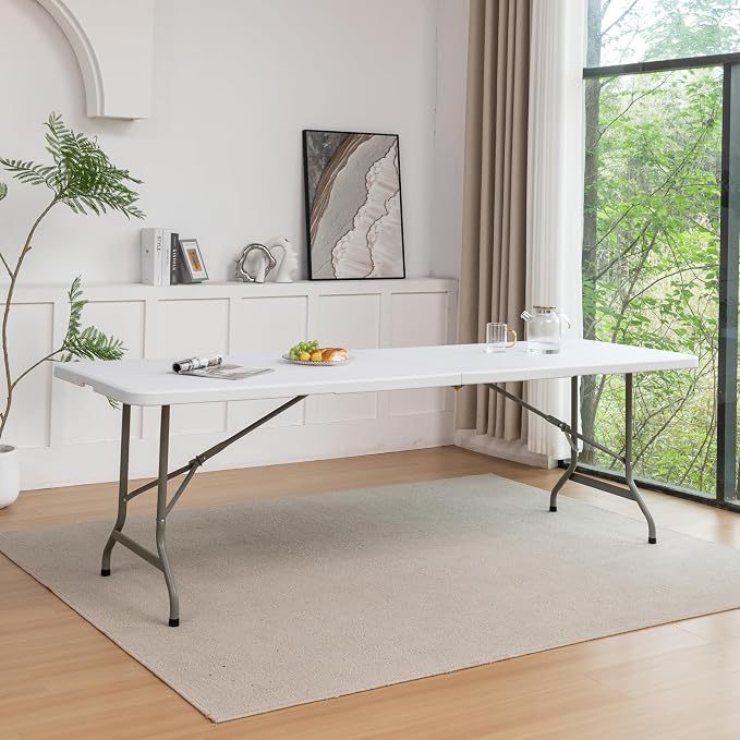 BTEXPERT Set of 10, 8 Foot Plastic Folding Table Portable 96" Long Table for Indoor Outdoor Events Banquet Dining Party Rectangular Carrying Handle 30" Wide, 29" High White