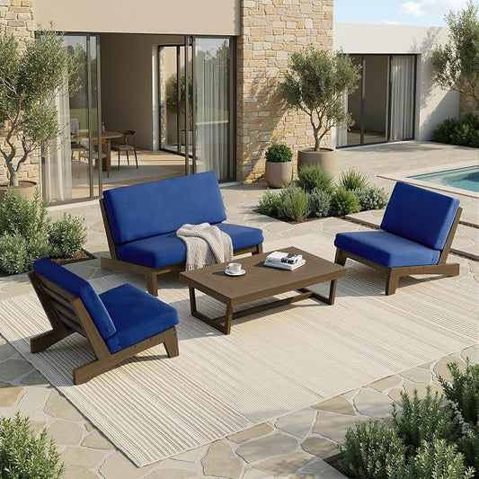4 Piece Wood Outdoor Patio Frutnire Set, 4 Seater Patio Conversation Sets with Thick Cushions, Outdoor Sectional Furniture with Coffee Table - Navy Blue
