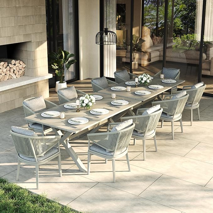 LayinSun 12 Piece Outdoor Dining Table Set, Aluminum Modern Rectangular Dining Table and All-Weather Wicker Chairs Set for Patio Deck Indoor Decor Kitchen