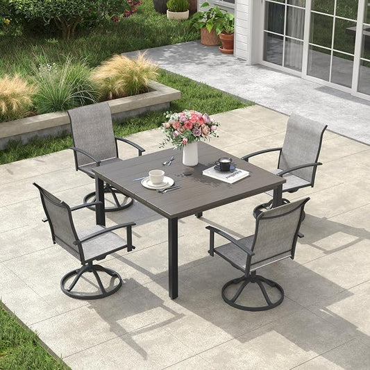 VICLLAX 5 Pieces Patio Dining Set, Patio Furniture Set of Metal Outdoor Table with Umbrella Hole and 4 Swivel Patio Chairs for Backyard Lawn, Grey & Antique Grey