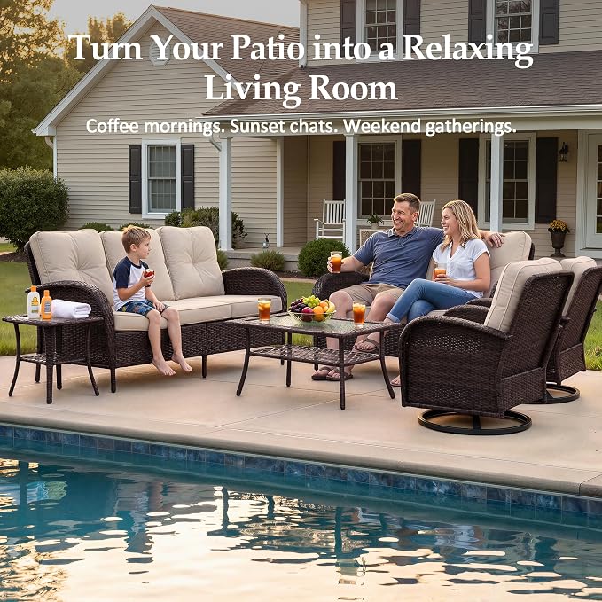 UPHA 6 Pieces Patio Furniture Sets, Wicker Outdoor Sofa Set with Loveseat & 3-Seat Couch, Swivel Chairs, Patio Conversation Set for Deck Backyard Garden, Brown Rattan, Beige Cushion