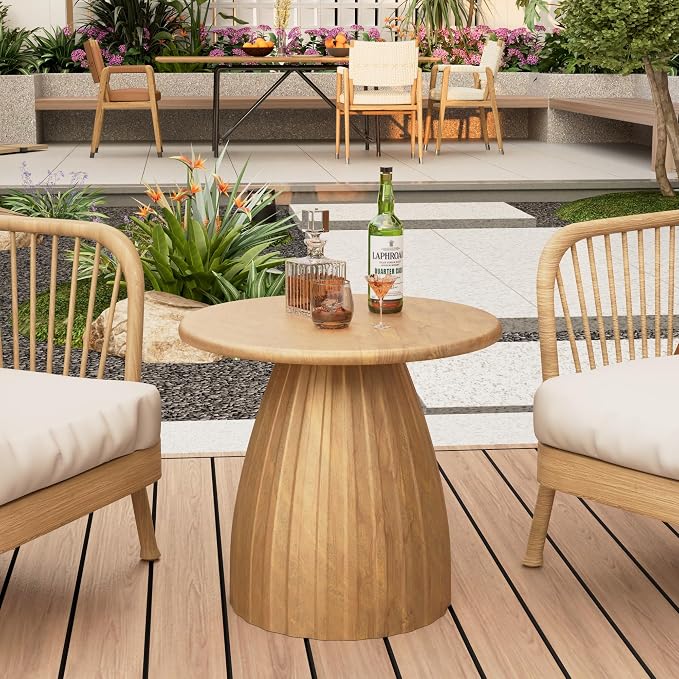 Round Small Patio Side Table Set of 2, Patio Furniture Accent End Table, Metal Steel Outdoor Side Table, for Garden, Pool, Yard, Balcony, Living Room, Deck, Weather Resistant, No Assembly, Wood Color