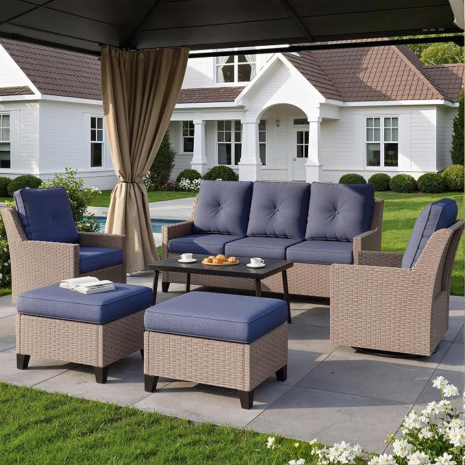 NestNook 6 Piece Patio Furniture Set, Outdoor Furniture Wicker Swivel Chairs Set of 2 with 3-Seater Sofa, 2 Ottomans and Coffee Table Patio Conversation Set for Backyard Balcony & Poolside（Blue）