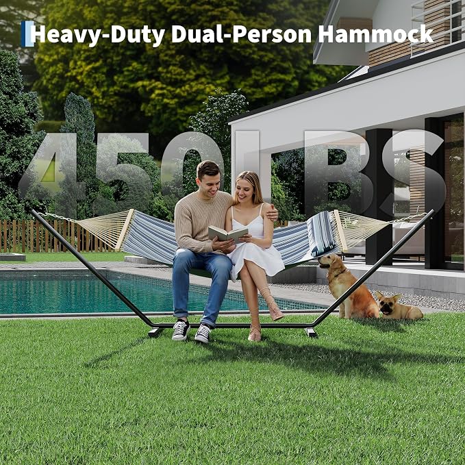 2-Person Hammock with Stand for Outside - Portable Heavy Duty Outdoor Double Hammock - Adjustable Steel Frame, 500 LBS Capacity, for Patio Garden Backyard & Beach