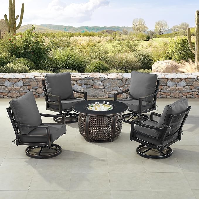 Oakland Living Black Aluminum Patio Fire Table Set with Four Club Chairs with Black Cushions