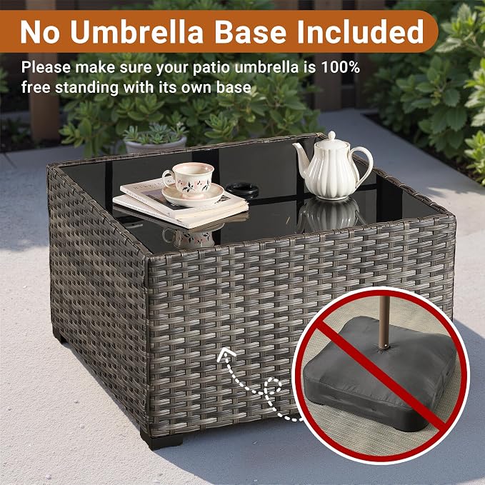 HOOOWOOO Outdoor Patio Side Table with Umbrella Hole,Wicker Coffee End Table Glass Top,Umbrella Table with 1.64" and 2" Hole for Yard,Deck,Porch,Garden(Rectangle Brown)