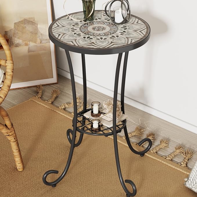 Outdoor Metal Side Table with Ceramic Tile Top Mosaic Patio Side Table and Plant Stand Tables, Round Side Table Iron End Tables for Yard Porch Balcony Garden, Daisy Black