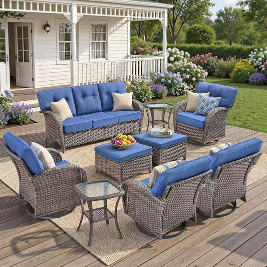 9-Piece Wicker Patio Furniture Set with 5-Inch Thick Cushions Weather Resistant Rattan High Back Swivel Rocker Chairs Senior Friendly Conversation Set for Small Porch Deck Sunroom Brown/Blue