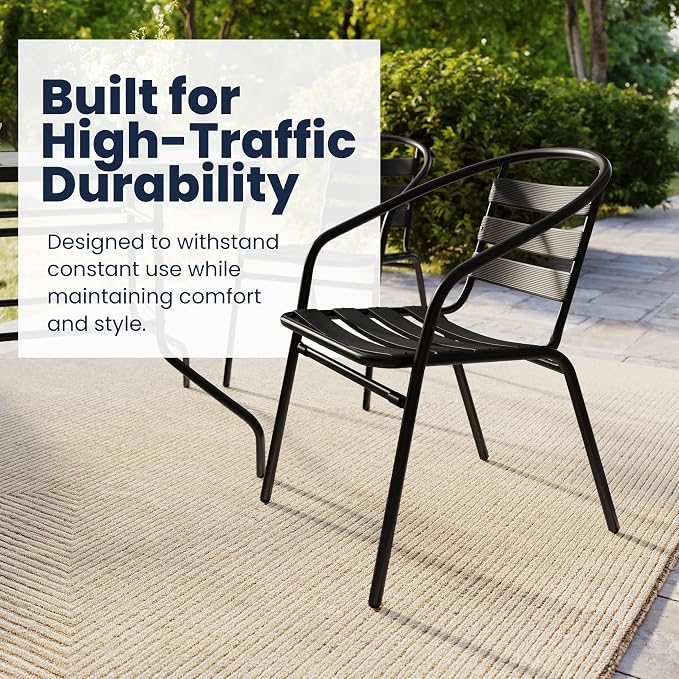 Flash Furniture Lila 5 Piece Patio Dining Set - 55" Tempered Glass Patio Table with Umbrella Hole - 4 Black Metal Aluminum Slat Stack Chairs
