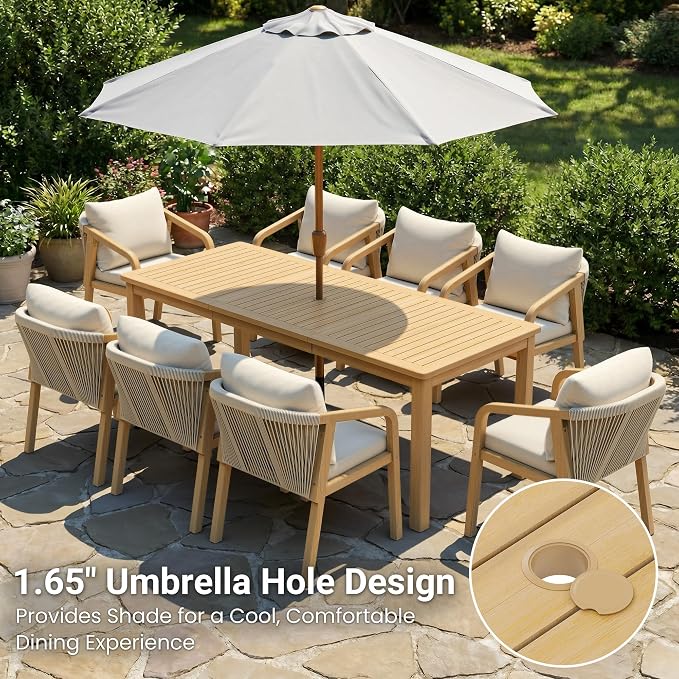 Wisteria Lane 9 Pieces Acacia Outdoor Patio Table and Chairs Set for 8, Patio Outdoor Dining Table Set with Cushion, Modern Outdoor Patio Table Set for Lawn Backyard Garden Deck, Beige