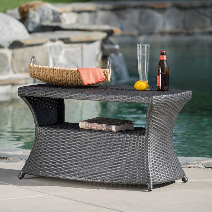 Outdoor Rattan Side Table with Umbrella Hole, All Weather 2 Tier Rattan Wicker Coffee End Table with Storage Shelf for Garden Porch Deck Backyard, No Assembly Required (Grey)
