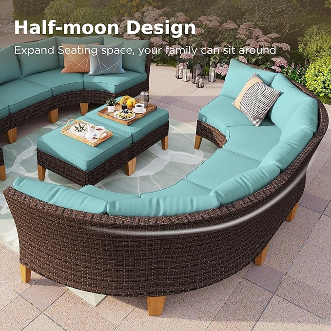 PHI VILLA 5-Piece Wicker Patio Furniture Set, Outdoor Sectional Sofa Conversation Set with Aqua Blue Cushions, Half-Moon Curved Modular Couch for Garden, Deck, Backyard