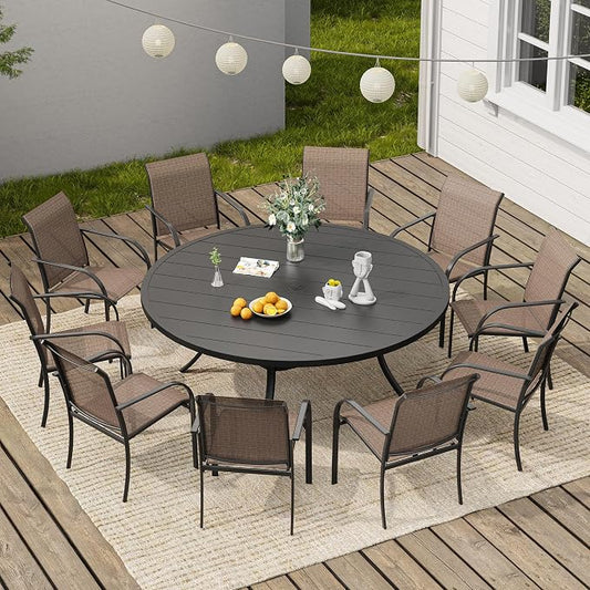 VICLLAX Round Outdoor Dining Set, Patio Table and Chairs Set Set of 10 Patio Stackable Chairs and 63" Outdoor Round Table with Umbrella Hole for Backyard Lawn Garden, Brown Chairs and Black Table