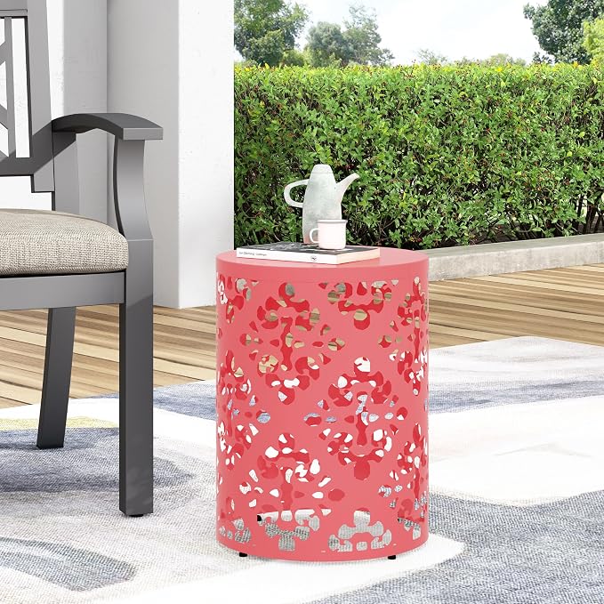 14" Cylindrical Side Table with Floral Iron Cut, Stylish End Table with Powder-Coated Iron, Practical Accent Table with No Assembly for Outdoor Patio Garden, Coral