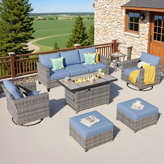 ovios 7 Pieces Patio Furniture Set with Rectangular Fire Pit Table, Swivel Rocking Chairs, Outdoor High Back Wicker Rattan Conversation Set for Deck Porch, Denim Blue