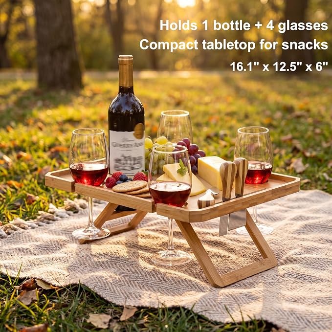 Kingrol Bamboo Picnic Wine Table, Foldable Outdoor Snack Table with Bottle Holder, 4 Glass Slots and Knife Slot, 16.1 x 12.5 x 6 in