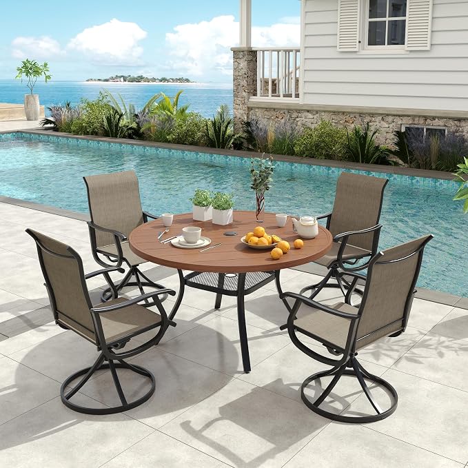VICLLAX Patio 5 Pieces Outdoor Dining Set, 40.6" Round Metal Table with Umbrella Hole and 4 Swivel Textilene Chairs for Lawn, Garden, Porch, Walnut/Brown