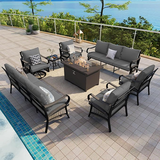 8-Piece Outdoor Furniture Set, Metal Swivel Rocking Chairs with All-Weather Cushions, Patio Conversation Set with Fire Pit Table for Deck, Porch, Garden, Backyard, Poolside (Gray Cushions)