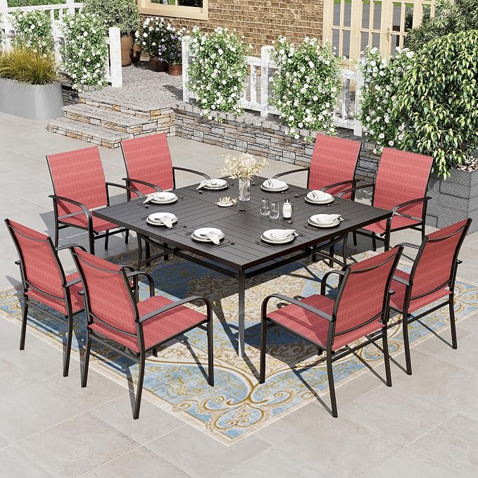 HERA'S HOUSE 9pc Outdoor Patio Dining Set for 8, Textilene Chairs, Red | 57.5" Square Metal Table with umbrella hole. Waterproof, rust-resistant, all-weather for backyard, porch