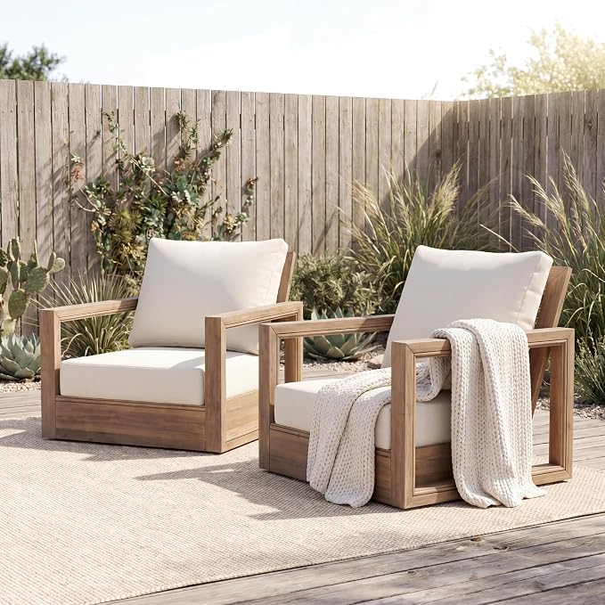 Christopher Knight Home 2-Piece Patio Swivel Chair Set, Acacia Wood Outdoor Rocking Chairs with 360° Swivel Base & Cushion, Floor Deep Seating Cushioned Patio Chairs for Porch Deck Garden, Brown+Beige