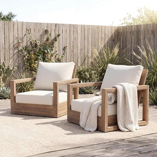 Christopher Knight Home 2-Piece Patio Swivel Chair Set, Acacia Wood Outdoor Rocking Chairs with 360° Swivel Base & Cushion, Floor Deep Seating Cushioned Patio Chairs for Porch Deck Garden, Brown+Beige