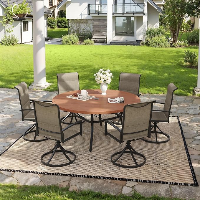 VICLLAX 7 Pieces Outdoor Dining Set, Patio Furniture Set Includes 50" Round Metal Table W/ 1.9" Umbrella Hole and 6 Padded Textilene Swivel Chairs for Porch, Lawn, Garden, Backyard