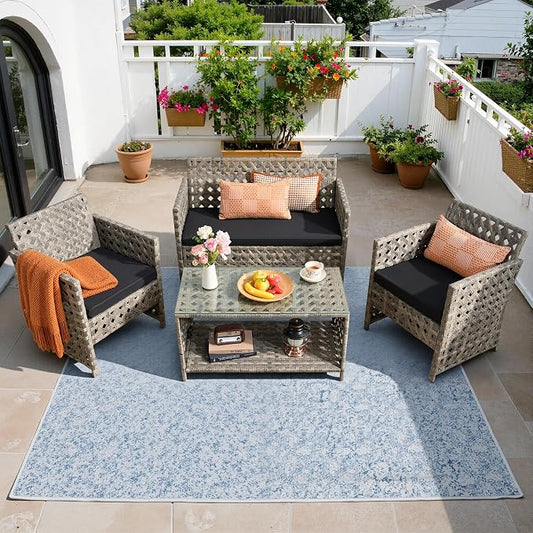 HOOOWOOO 4 Pieces Patio Furniture Set,PE Wicker Outdoor Conversation Sets,Weather Resistant Loveseat with High Back Chairs Table for Porch Balcony Yard Deck,Black