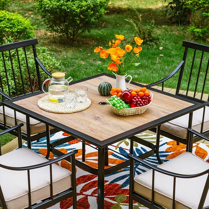 Sophia and William Patio Dining Set, 5 PCS | E-Coated and Steel, Square Table, Straight Legs Chairs, 1.57" Umbrella Hole, Weather-Resistant