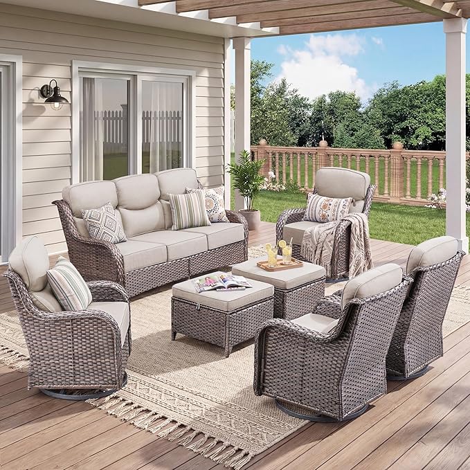 Luxury 7 Pieces Outdoor Patio Furniture Set-All Weather Wicker Outdoor Furniture with Swivel Rocker Patio Chairs 6-inch Extra Thick Cushions Wicker Conversation Set for Garden Porch(Brown/Beige)