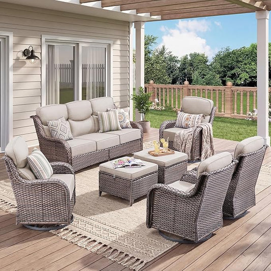 Luxury 7 Pieces Outdoor Patio Furniture Set-All Weather Wicker Outdoor Furniture with Swivel Rocker Patio Chairs 6-inch Extra Thick Cushions Wicker Conversation Set for Garden Porch(Brown/Beige)