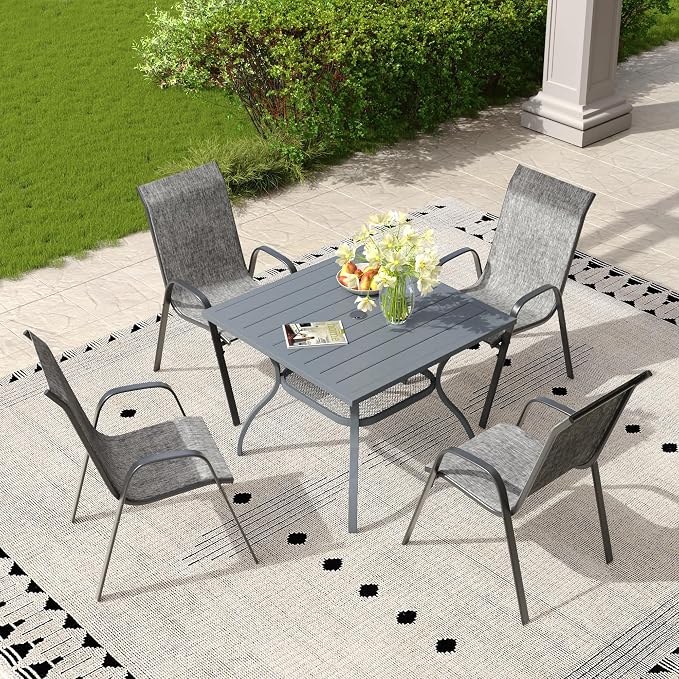5 Pieces Outdoor Dining Set, 37.8" Square Table with Umbrella Hole & Stackable Patio Dining Chairs, Patio Table and Chairs Set for Deck Garden Porch, Grey Chairs & Dark Grey Table
