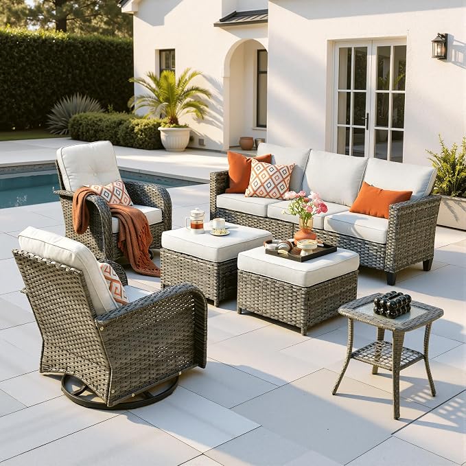 ovios 6 Pieces Patio Furniture Set, Outdoor Wicker Sofa Couch with Swivel Glider Chairs Comfy Cushions, Modern Deep Seat Rattan Conversation Sets for Deck Porch, Grey
