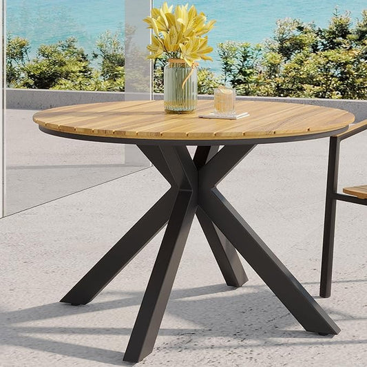Merax 45" Round Outdoor Patio Dining Table Teak Acacia Wood Tabletop and Black Metal Leg, Modern Industrial Style Patio Dining Table