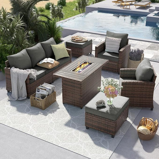 UDPATIO Outdoor Patio Furniture Set with 44" Fire Pit Table, 6 Pieces Sectional Conversation Sets, All-Weather Wicker Rattan Sofa Ottoman with 4" Thick Cushion for Garden Backyard Deck, Dark Grey